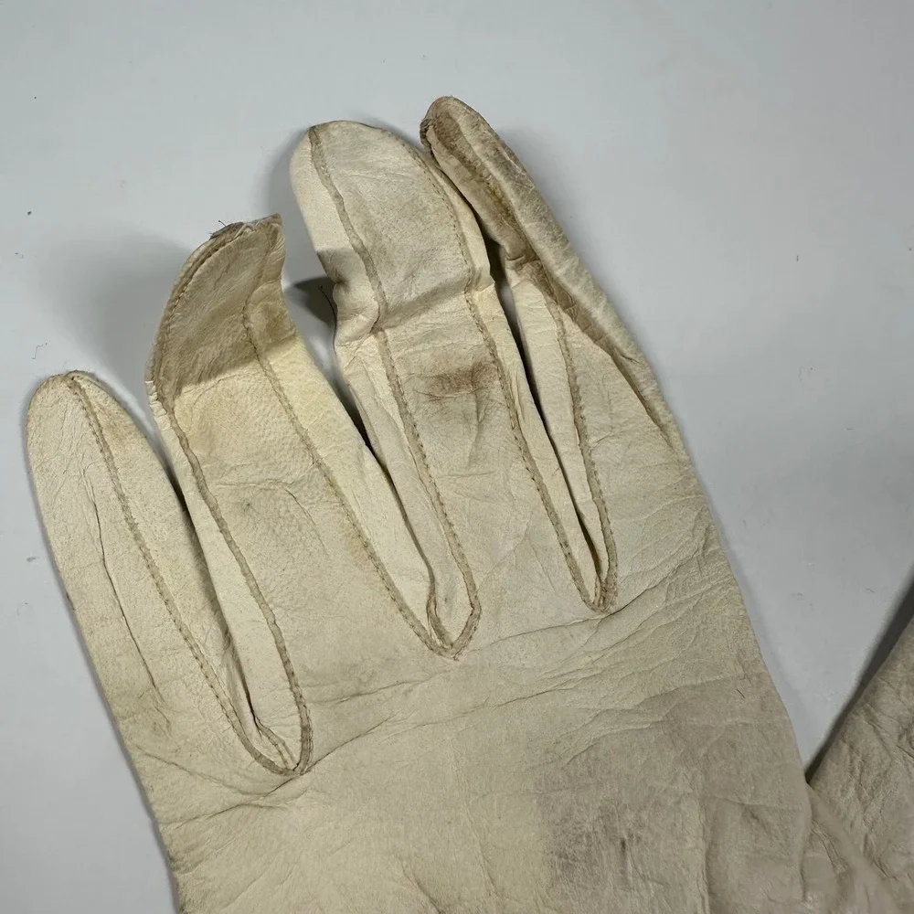 Macy's Marchioness Gloves Ivory Washable Leather Made in Italy Bow Womens Size 7
